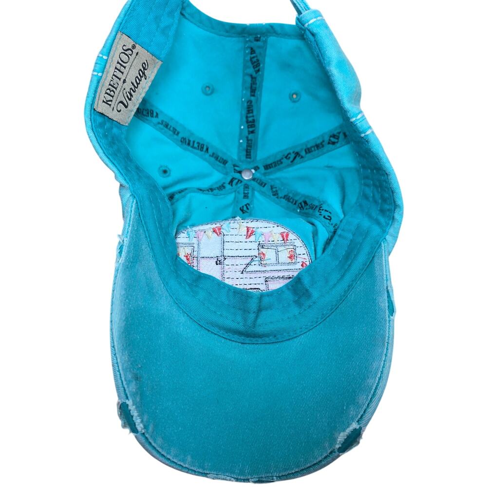 Happy Camper Slideback Hat Greenish-Blue One Size Adjustable Distressed Dog Pin - Picture 9 of 10